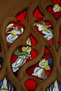 Vindu som viser englemusikere, luter og Shawm av French School